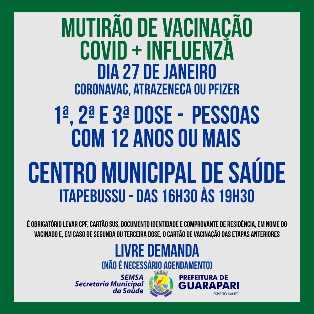 Guarapari: Centro Municipal de Saúde recebe nesta quinta (27) um mutirão de vacinação