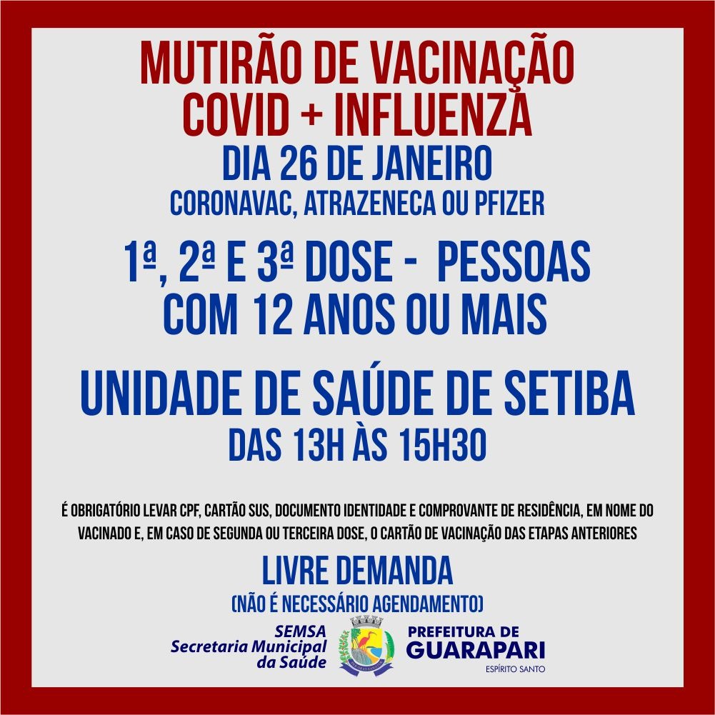 Novo mutirão de vacina contra Covid-19 e Influenza em Guarapari nesta quarta (26)