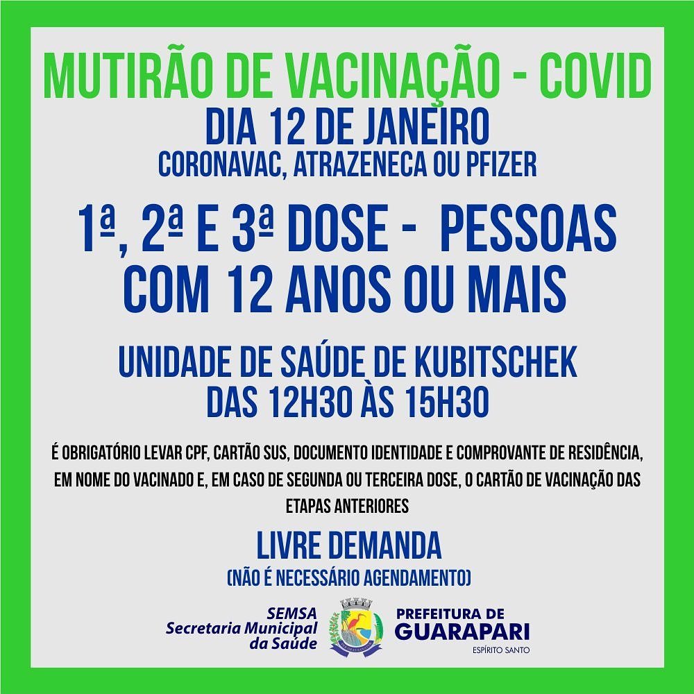 Guarapari realiza novo mutirão para aplicar 1ª, 2ª ou 3ª dose de vacina da Covid-19