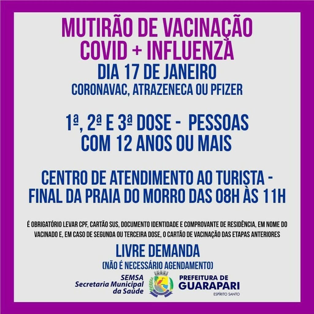 Guarapari realiza novo mutirão de vacinação contra Covid-19 e Influenza