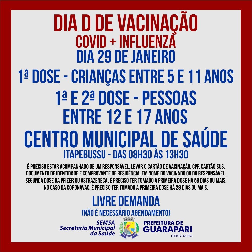 Guarapari realiza nesse sábado (29) um mutirão de vacinação para crianças e adolescentes