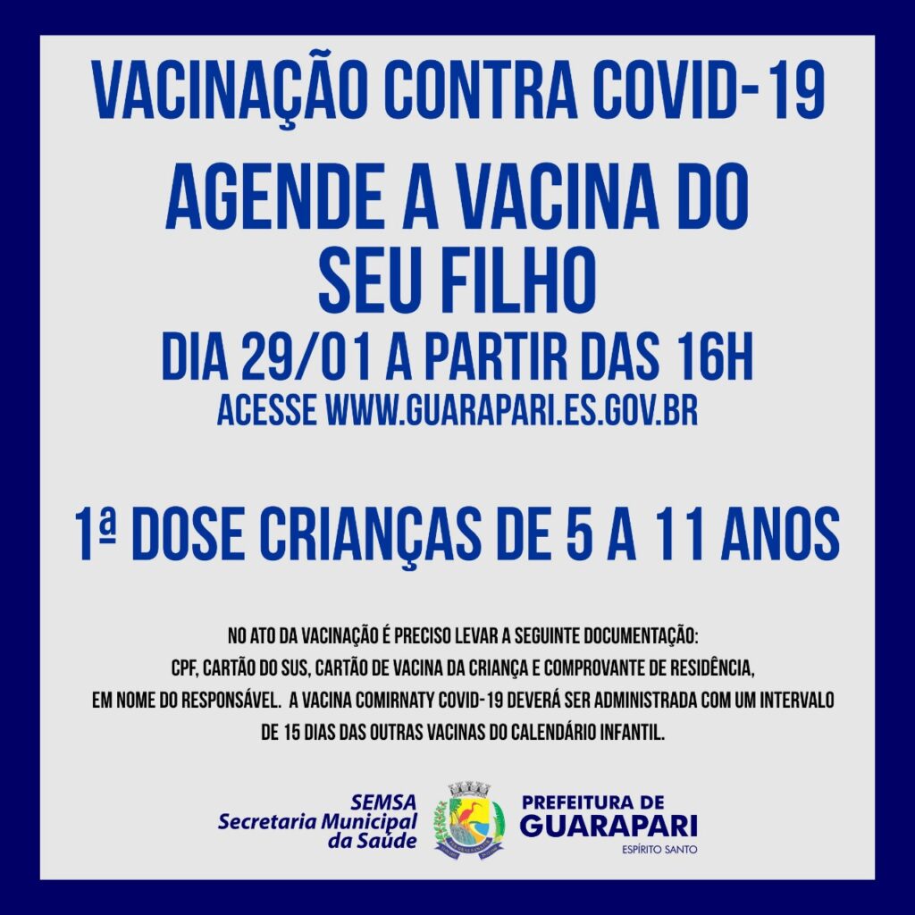 Vacina de crianças contra Covid-19 também poderá ser agendada neste sábado (29), em Guarapari
