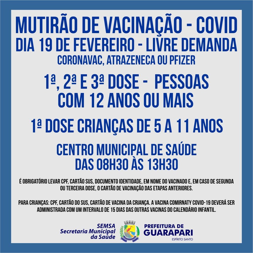 Guarapari tem dois mutirões para vacinar adultos e crianças contra Covid neste sábado (19)