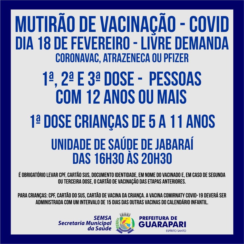 Jabaraí recebe mutirão de vacinação nesta sexta-feira (18) em Guarapari