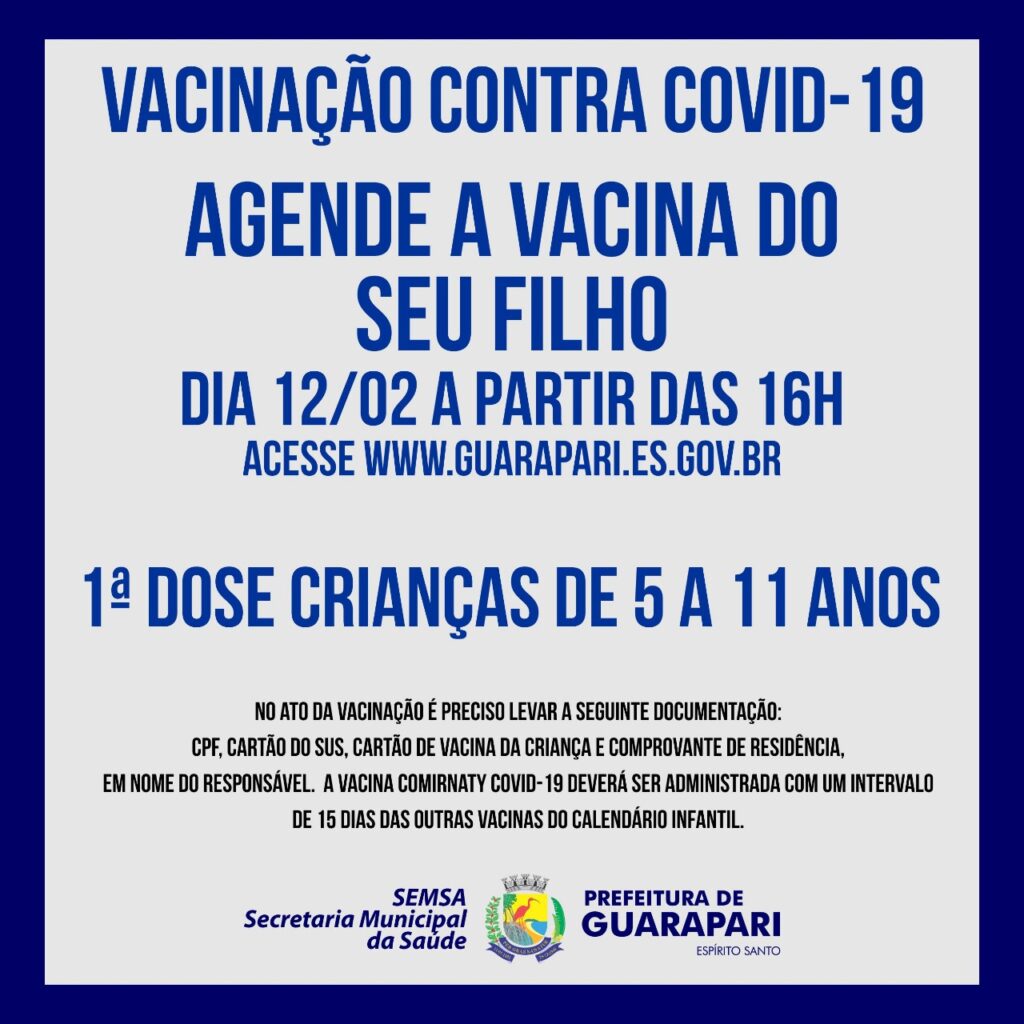 Guarapari abre hoje (12) novo agendamento para vacinar crianças contra a Covid-19