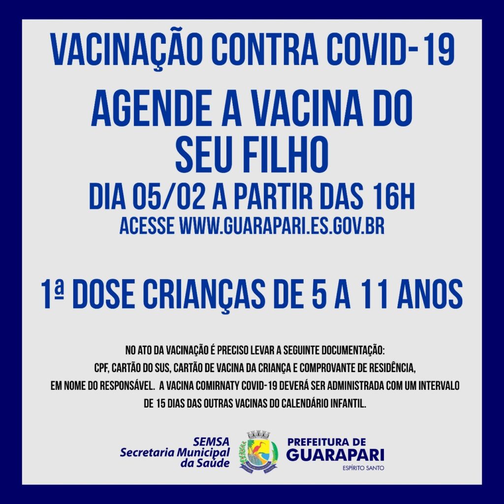 Guarapari abre hoje (05) novo agendamento para imunizar crianças contra Covid-19