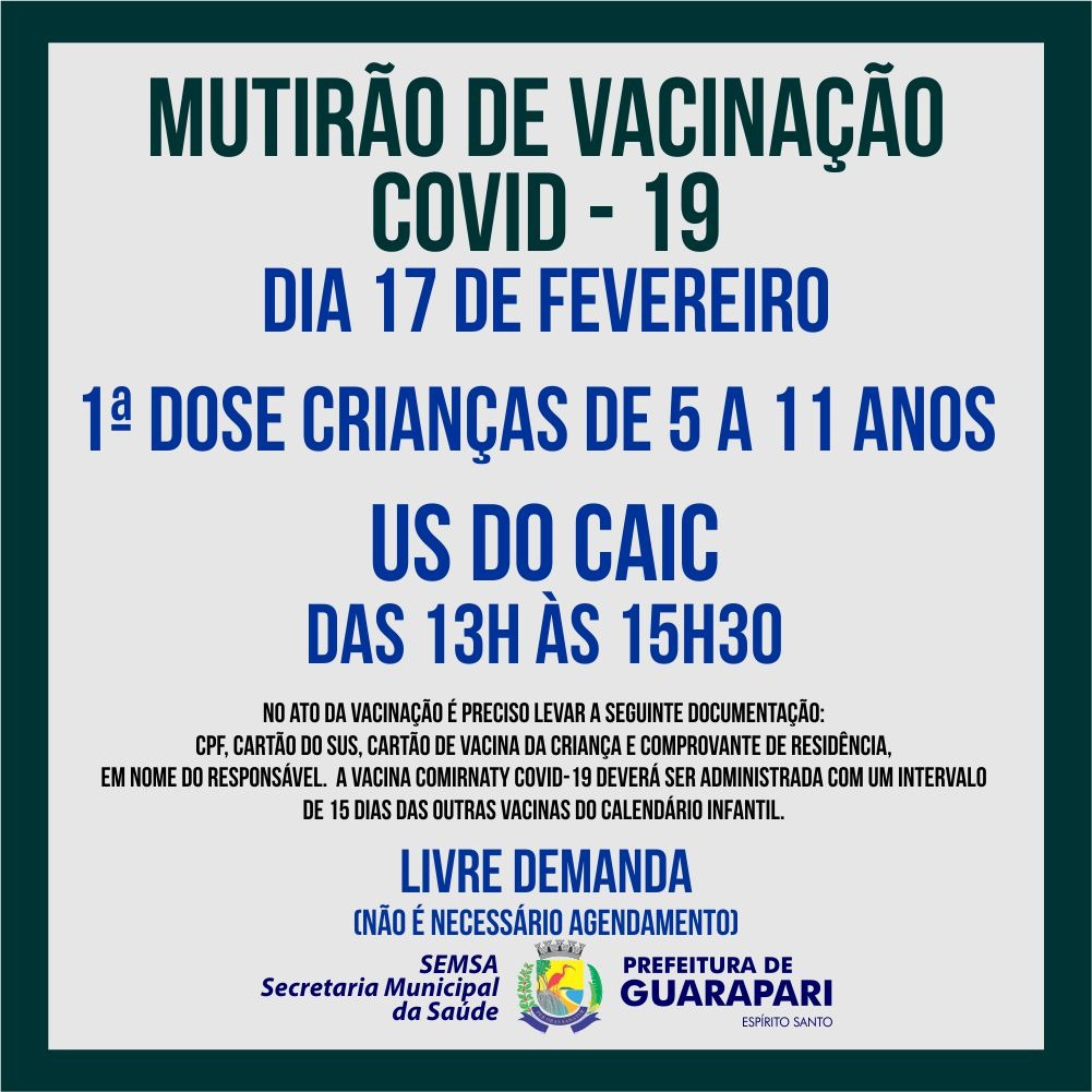 Vacinação infantil: Guarapari realiza hoje (17) novo mutirão para proteger contra Covid-19