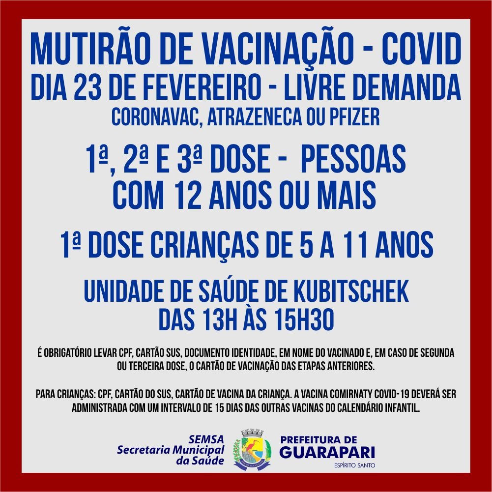 Mutirão vacina crianças e adultos de Guarapari contra Covid-19 nesta quarta (23)