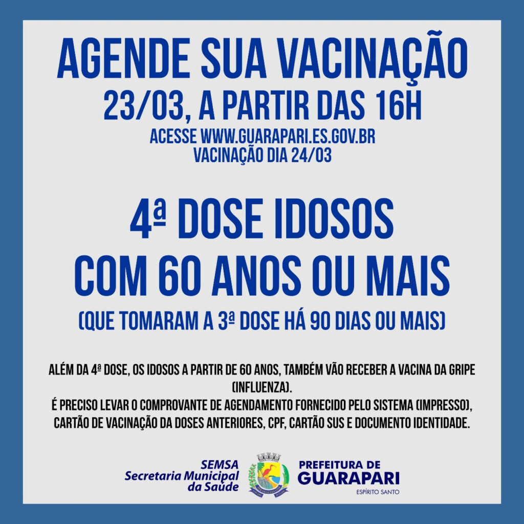 Agendamento da 4ª dose contra a Covid-19 é aberto em Guarapari