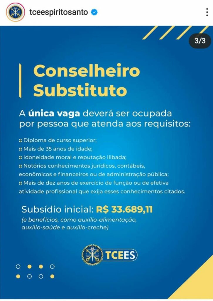 TCE-ES anuncia concurso público com salários de R$ 13 mil e R$ 33 mil