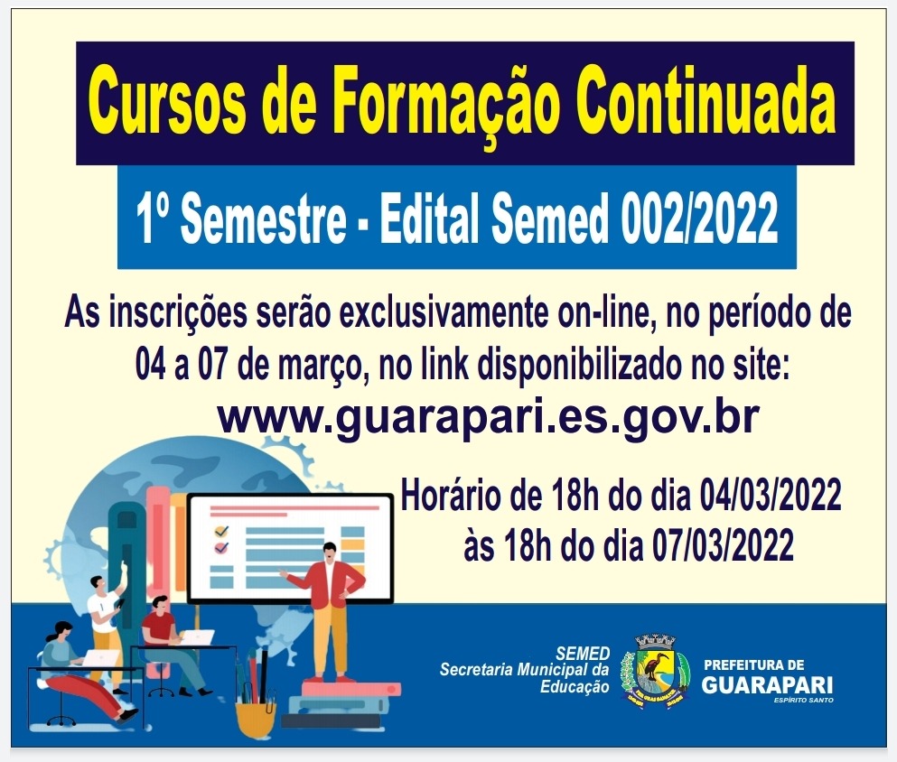 Amanhã (07) é o último dia de inscrições para os cursos de Formação Continuada em Guarapari