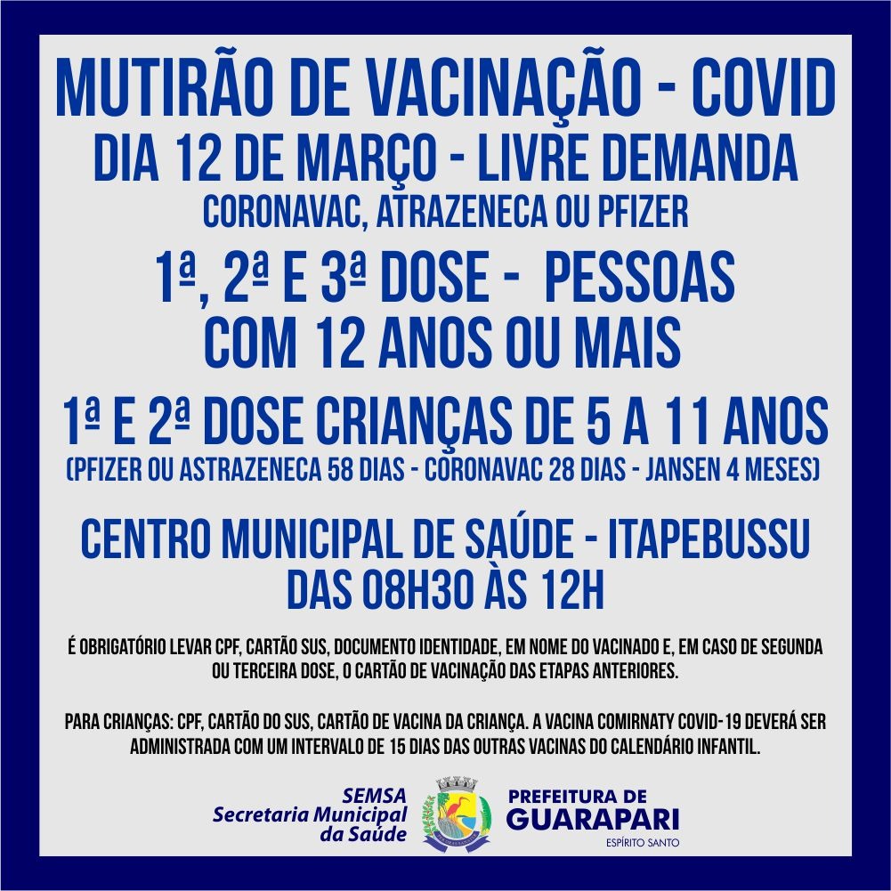 Sábado (12) de mutirão de vacinação para adultos e crianças em Guarapari