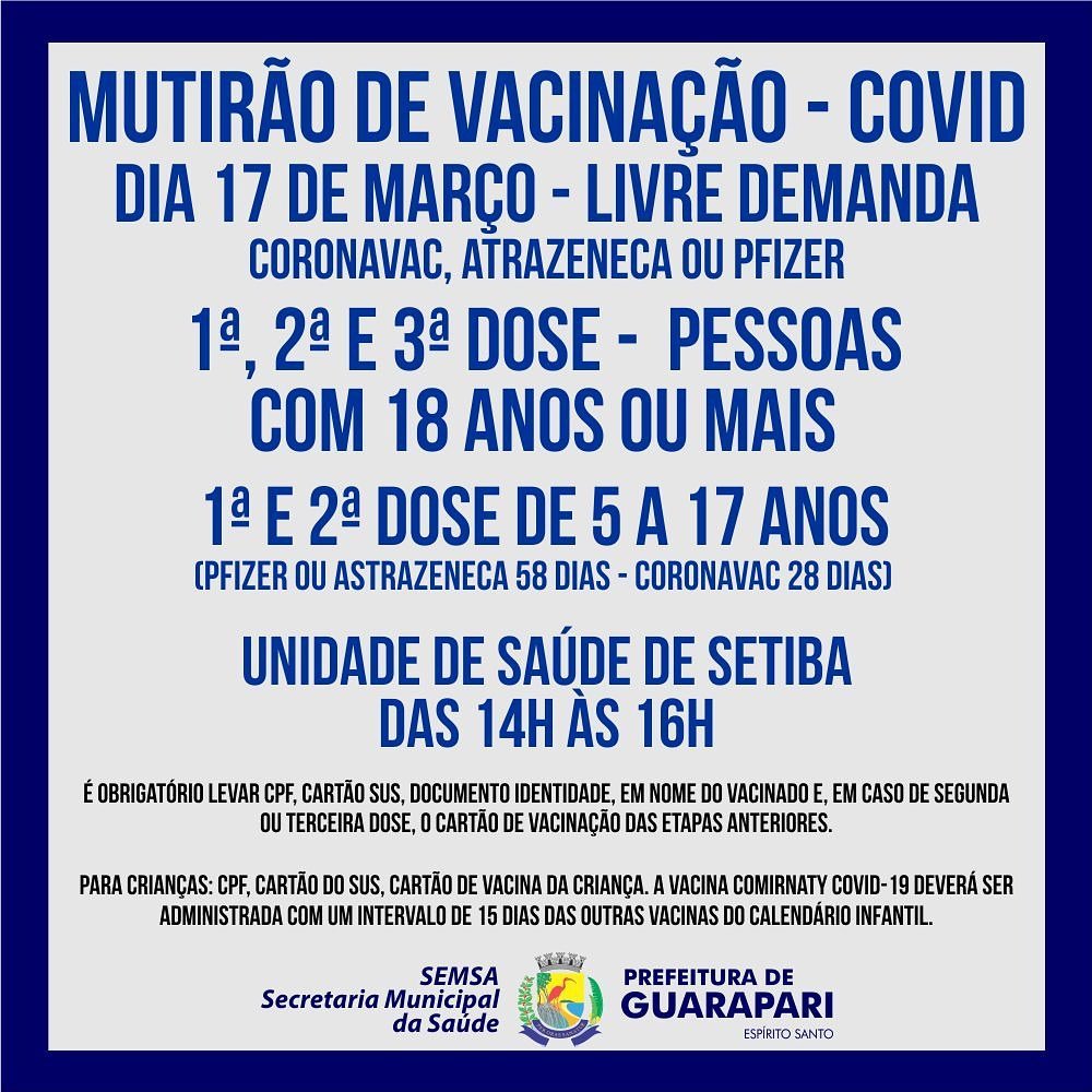Novo mutirão imuniza pessoas acima de 05 anos contra Covid-19 em Guarapari