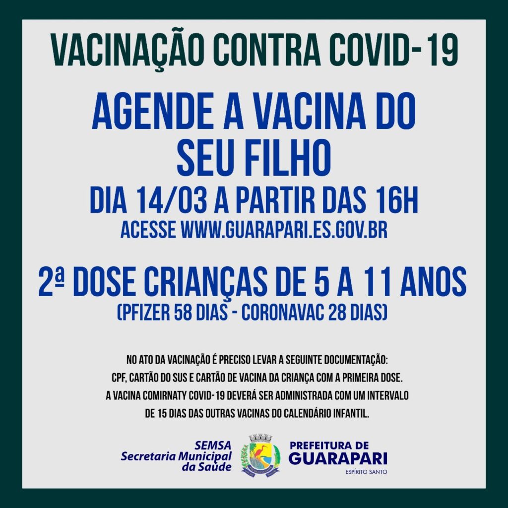 Vacinação da segunda dose das crianças poderá ser agendada amanhã (14) em Guarapari