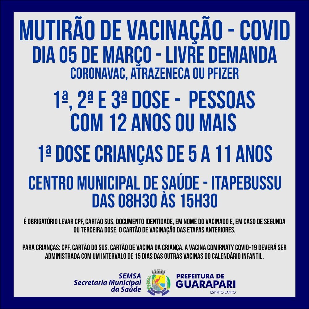 Mutirão imuniza adultos e crianças de Guarapari contra a Covid-19 neste sábado (05)