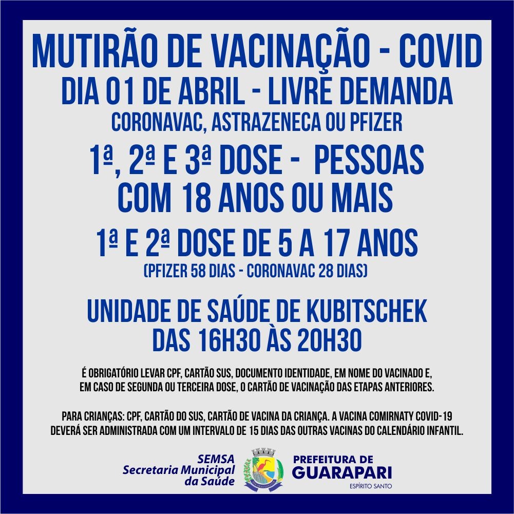Guarapari realiza hoje (01) novo mutirão de vacina contra Covid para crianças adultos