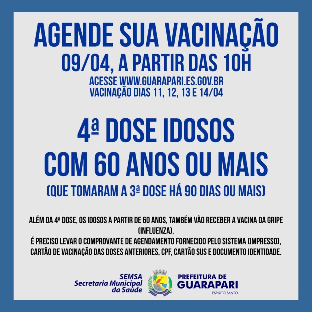 Guarapari abre hoje (09) novo agendamento de quarta dose de vacina da Covid