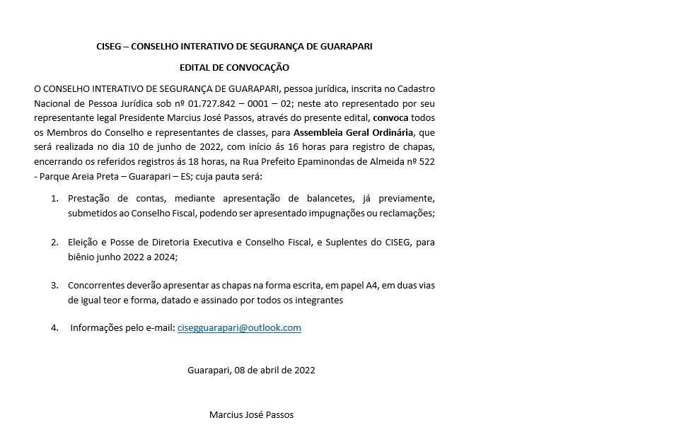 EDITAL DE CONVOCAÇÃO  –  CISEG – CONSELHO INTERATIVO DE SEGURANÇA DE GUARAPARI