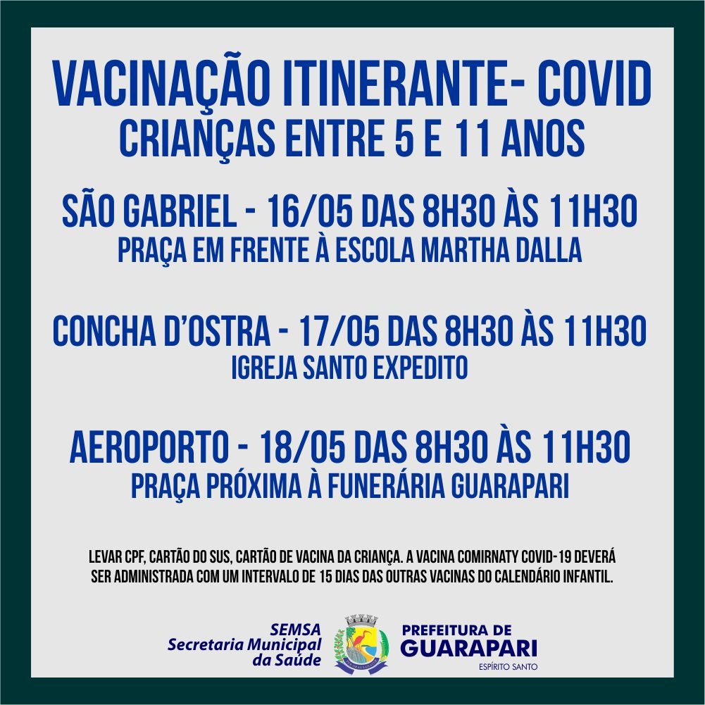 Guarapari realiza a partir de hoje (16) vacinação itinerante da Covid para crianças