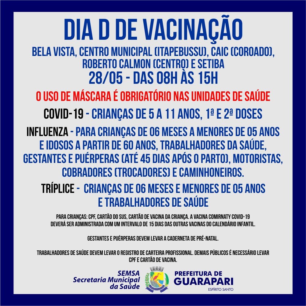Guarapari realiza sábado (28) de vacinação em diversas Unidades de Saúde