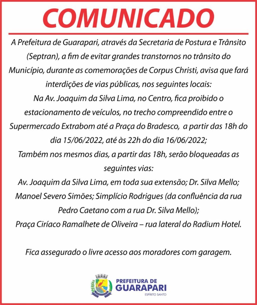 Corpus Christi: vias públicas no Centro de Guarapari ficarão interditadas hoje e amanhã (16)