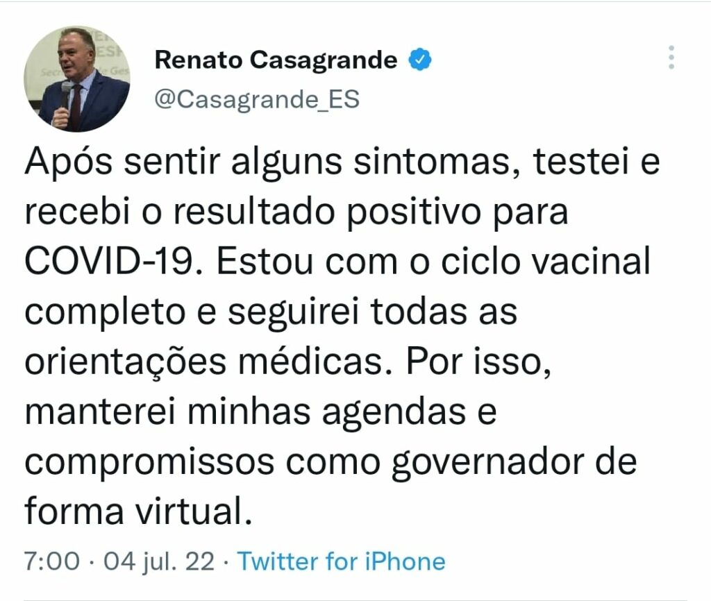Governador Casagrande apresenta sintomas e testa positivo para Covid-19
