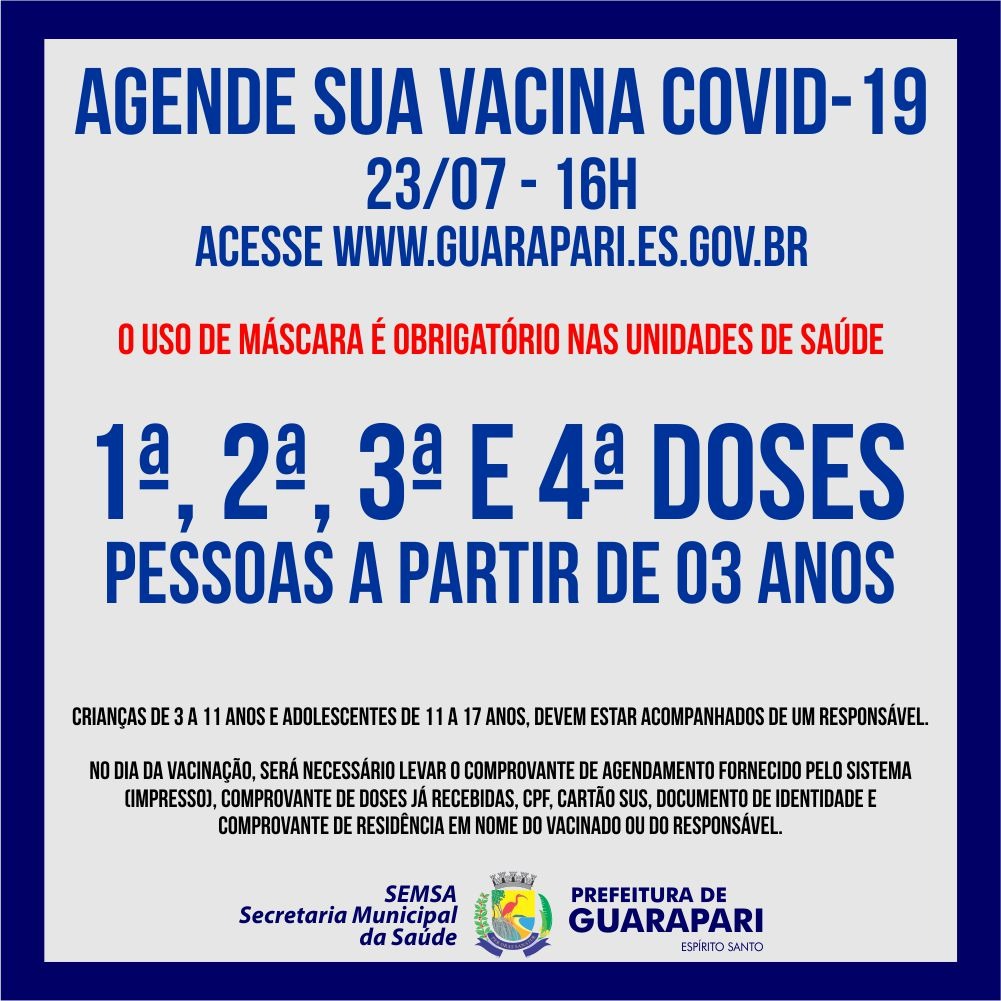 Prefeitura de Guarapari abre novo agendamento para vacinação contra covid-19 neste sábado (23)