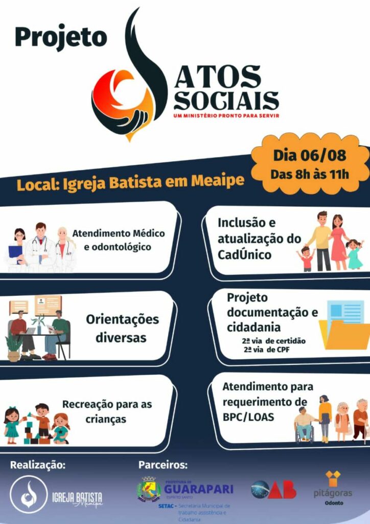 Projeto Atos Sociais: igreja promove ação nesse sábado (06) em Guarapari