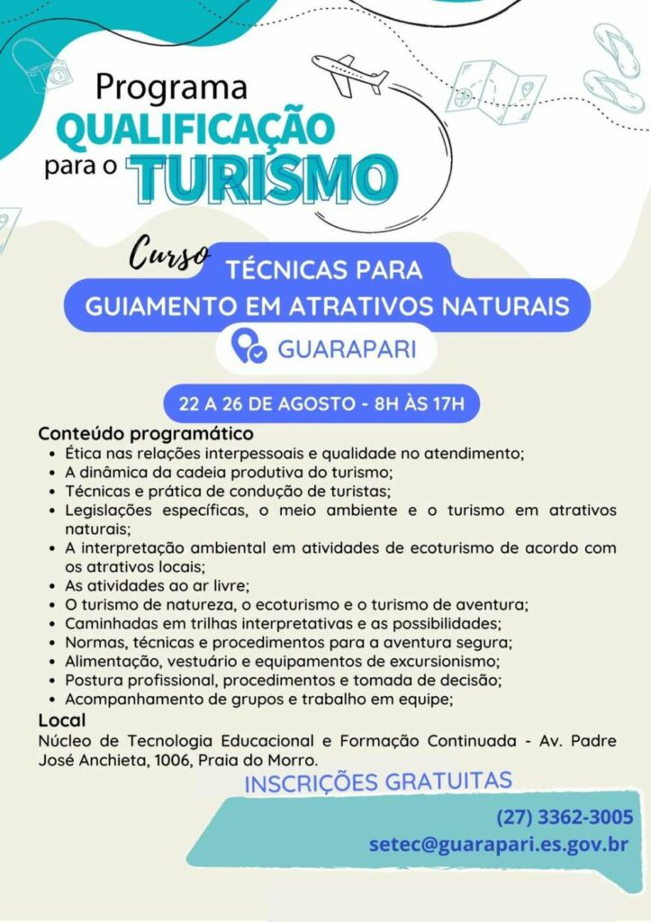 Prefeitura de Guarapari abre inscrições para curso de Técnicas para Guiamento em Atrativos Naturais