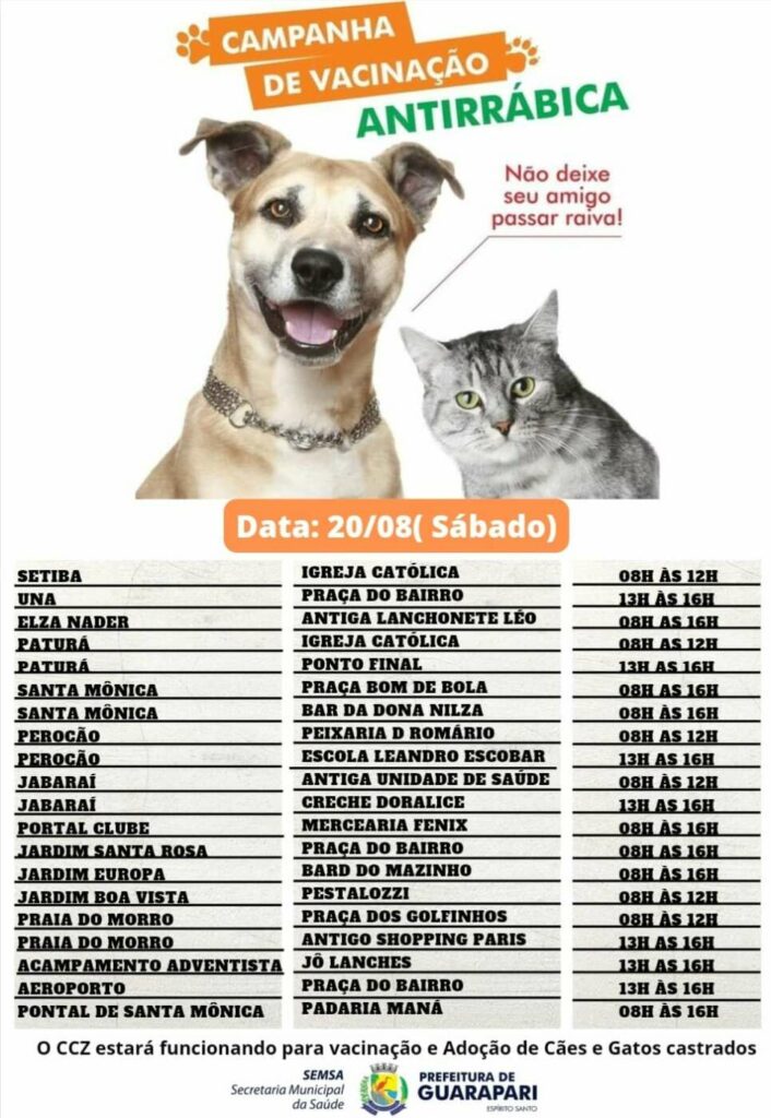 Vacinação antirrábica de cães e gatos acontece nesse sábado (20) em Guarapari