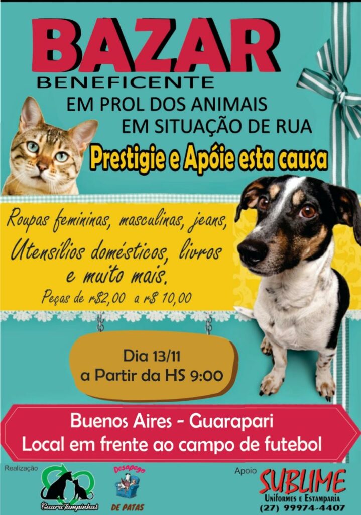 Guaratampinhas realiza bazar em prol da causa animal neste domingo (13) em Guarapari