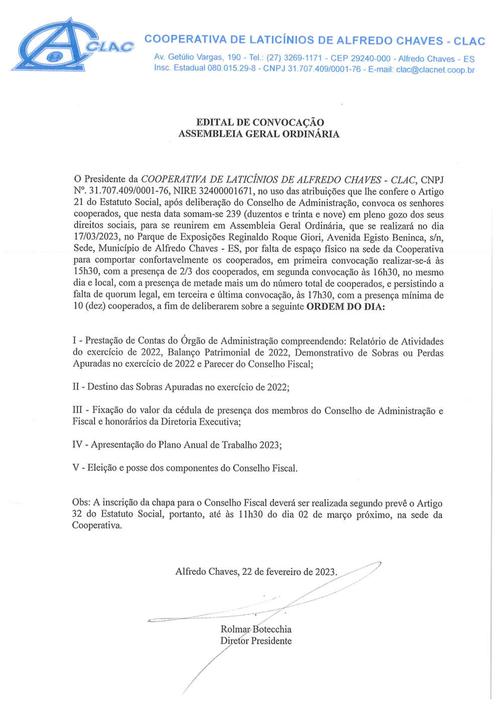 CLAC – Edital de Convocação Assembleia Geral Ordinária