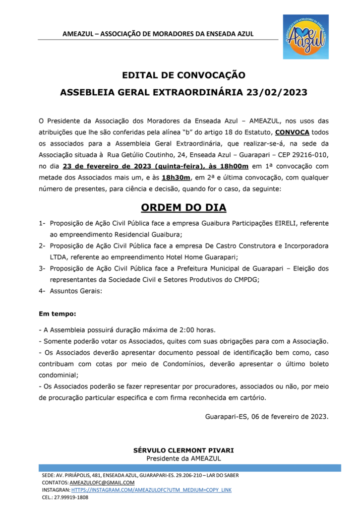 AMEAZUL - EDITAL DE CONVOCAÇÃO ASSEMBLEIA GERAL EXTRAORDINÁRIA 23/02/2023