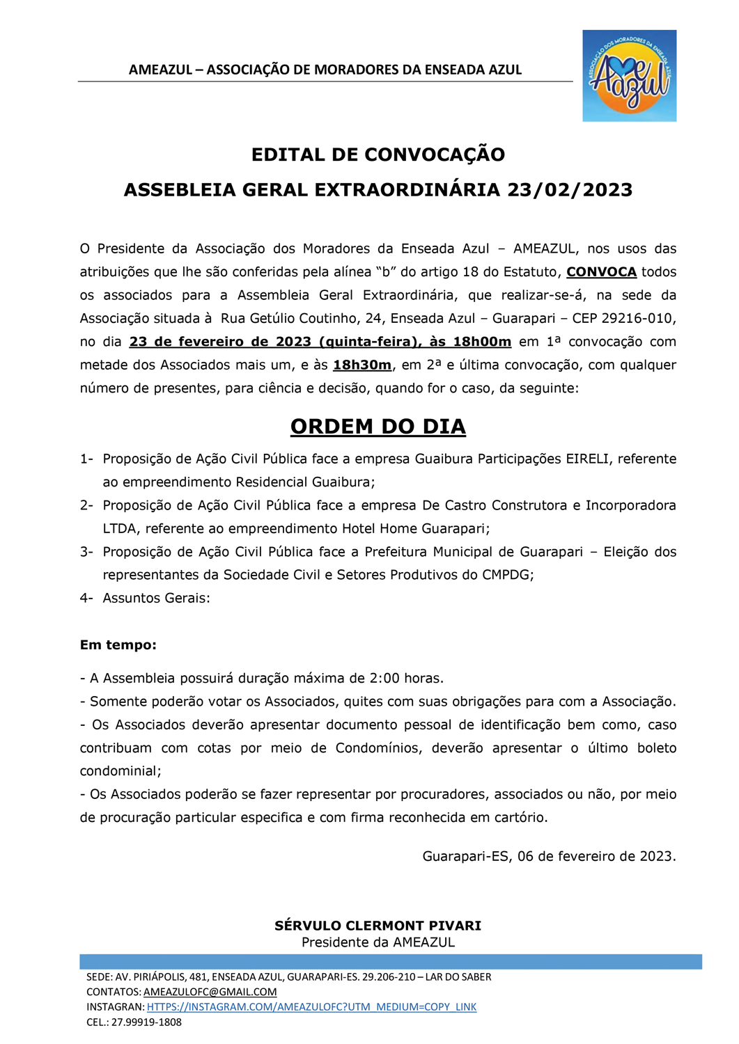 AMEAZUL – EDITAL DE CONVOCAÇÃO ASSEMBLEIA GERAL EXTRAORDINÁRIA 23/02/2023
