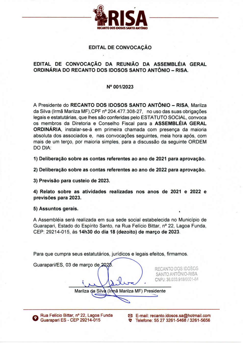 RISA – EDITAL DE CONVOCACAO