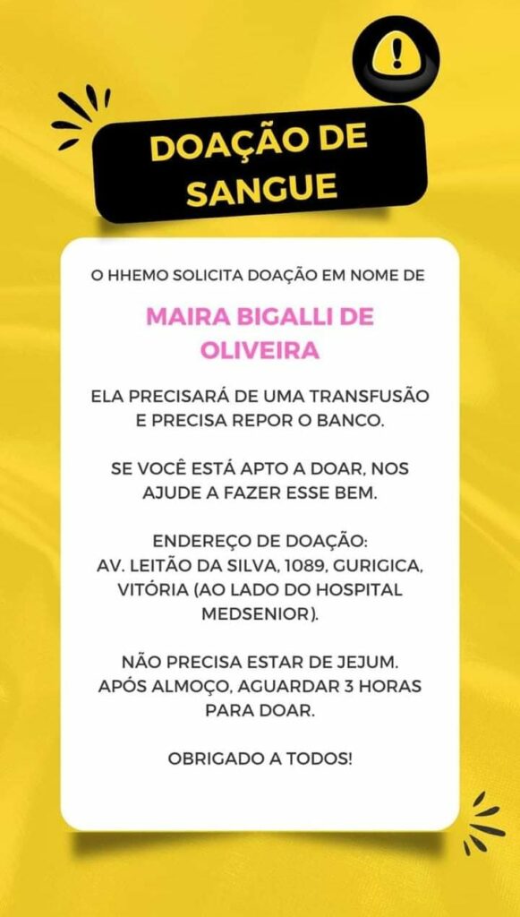 Guarapari: seguindo na luta contra o câncer, Maira Bigalli necessita de doação de sangue