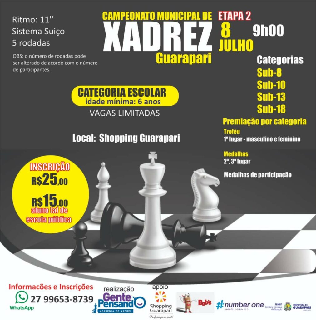 Segunda etapa do Campeonato Municipal de Xadrez acontece neste sábado (08) em Guarapari