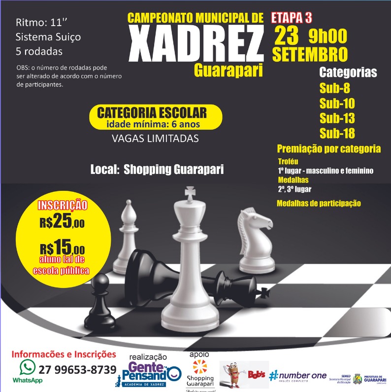Campeonato de Xadrez retorna para 3ª etapa neste sábado (23) em Guarapari