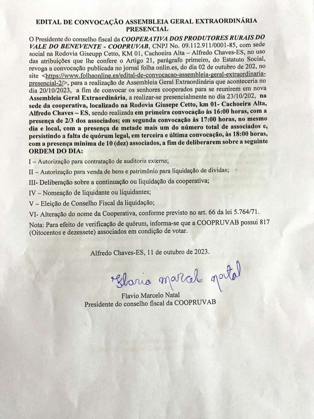 Coopruvab, edital de AGE presencial 11/10/23