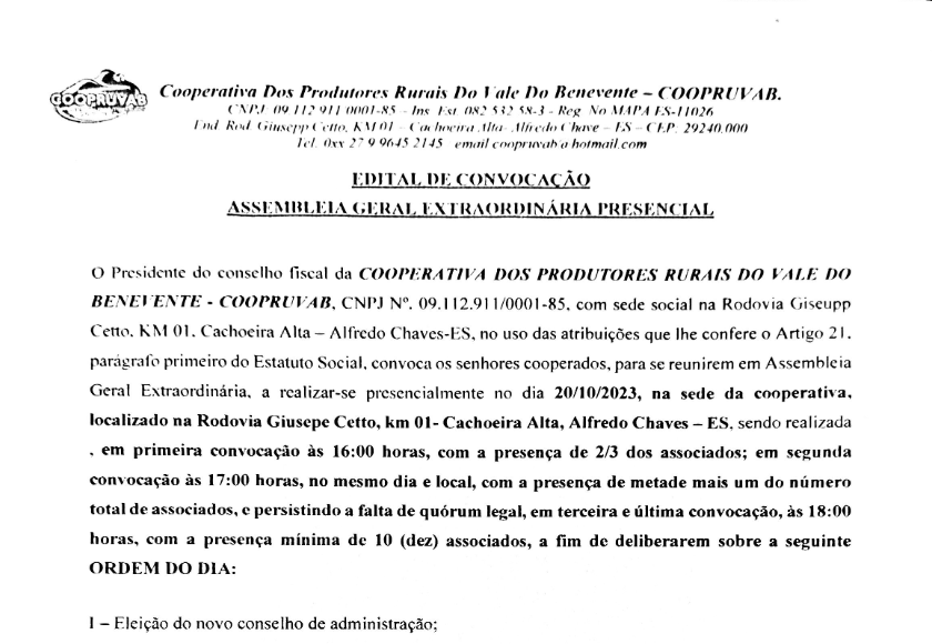 Coopruvab – Edital de Convocação Assembleia Geral Extraordinária Presencial