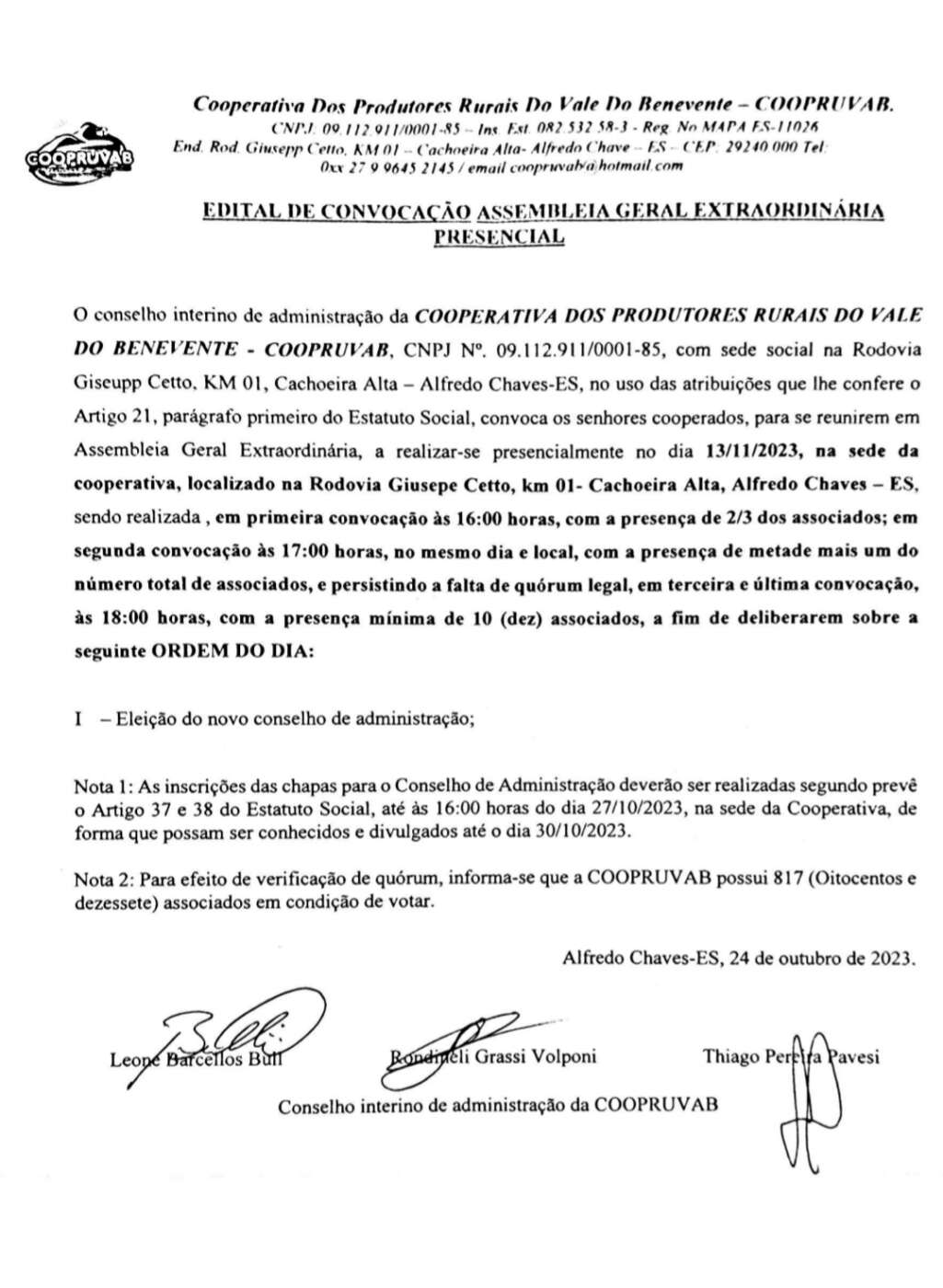 Coopruvab – Edital de convocação Assembleia Geral Extraordinária presencial