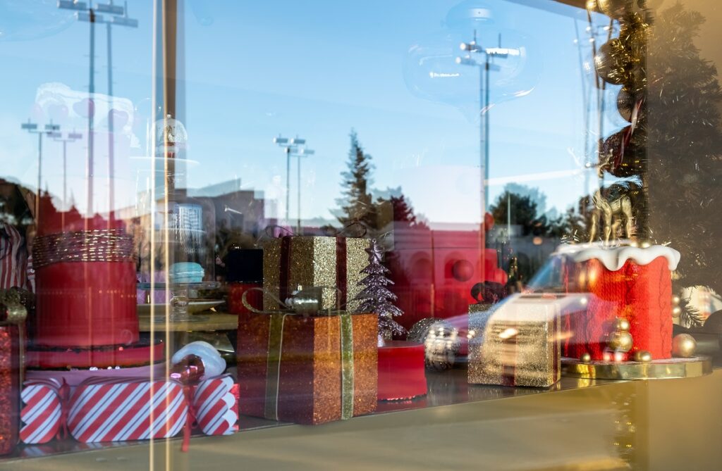 abstract christmas background reflection shop window out focus