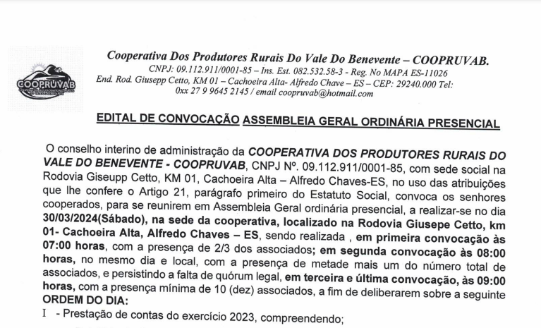 Edital de Convocação Assembleia Geral Ordinária Presencial
