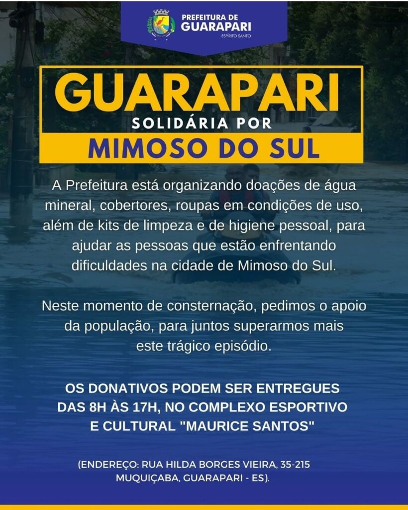 WhatsApp Image 2024 03 25 at 14.07.43 1 - Guarapari solidária por Mimoso do Sul: prefeitura lança campanha para atingidos pela chuva