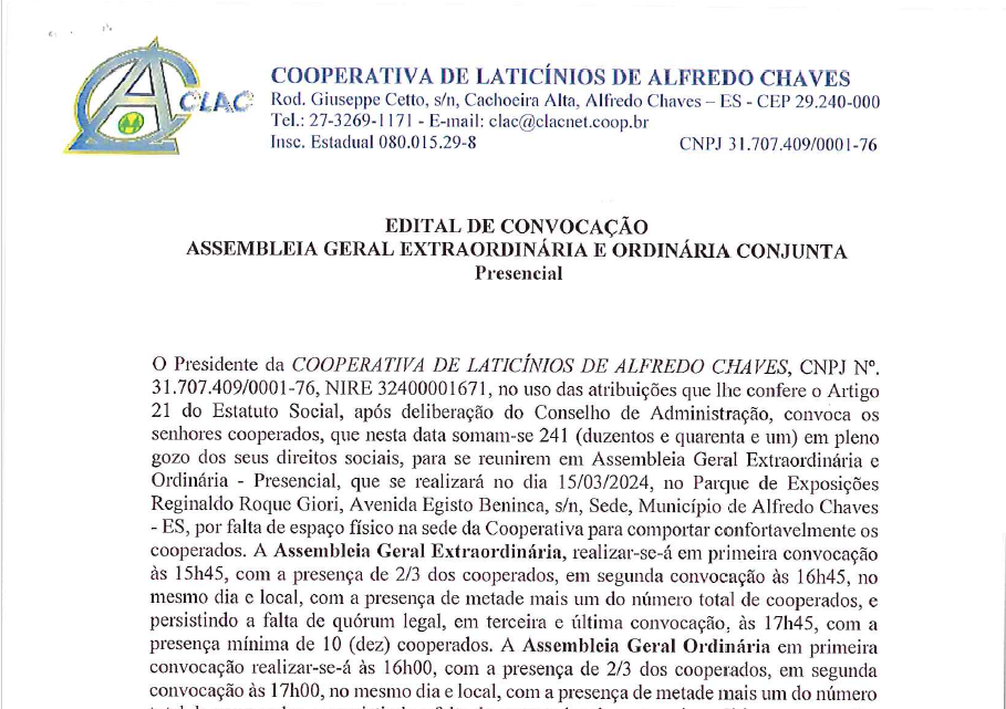 Edital de Convocação Assembleia Geral Extraordinária e Ordinária Conjunta Presencial