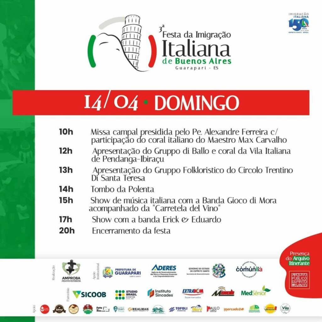 programacao festa italiana abr24 - Festa da Imigração Italiana chega à terceira edição em Guarapari; confira a programação