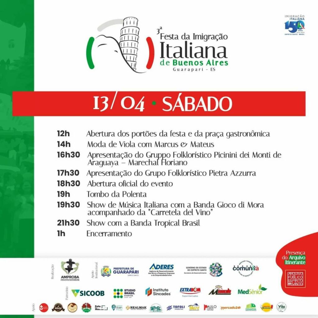 programacao festa italiana abr24 2 - Festa da Imigração Italiana chega à terceira edição em Guarapari; confira a programação