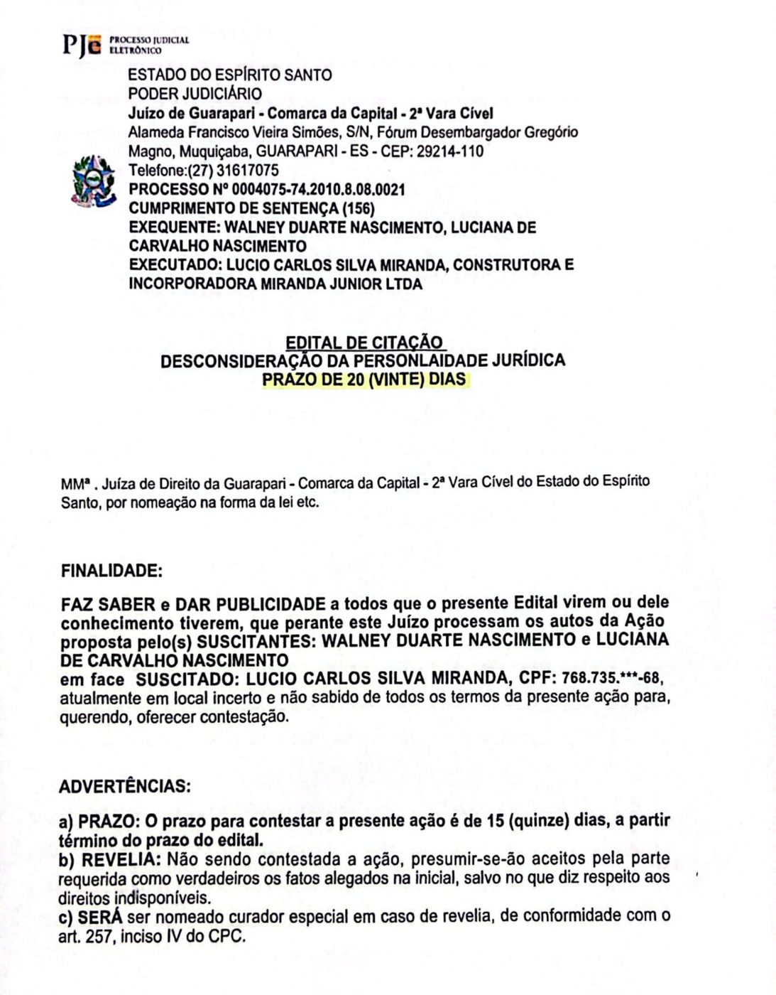 Edital de Citação – Lúcio Carlos Silva Miranda
