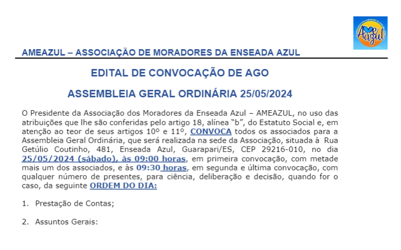 Edital de Convocação de Assembleia Geral Ordinária 25/05/2024