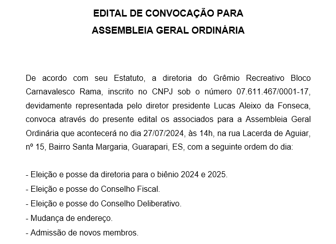 EDITAL DE CONVOCAÇÃO PARA ASSEMBLEIA GERAL ORDINÁRIA GRÊMIO RECREATIVO BLOCO CARNAVALESCO RAMA